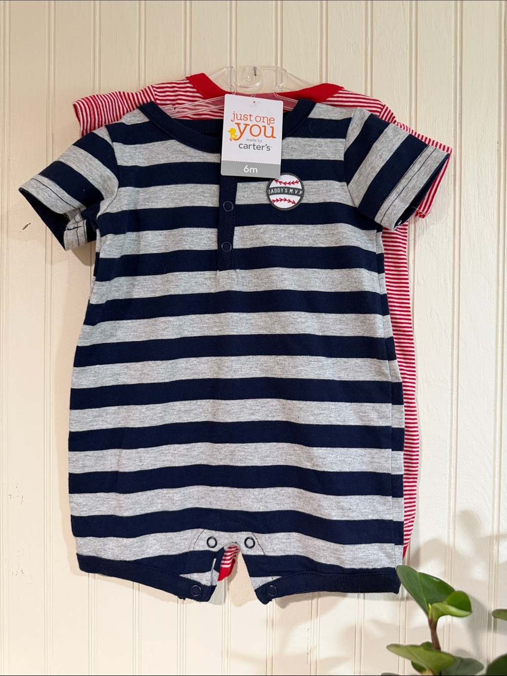 NWT Carter's Navy & Gray Striped Short-Sleeve Romper with Red Trim